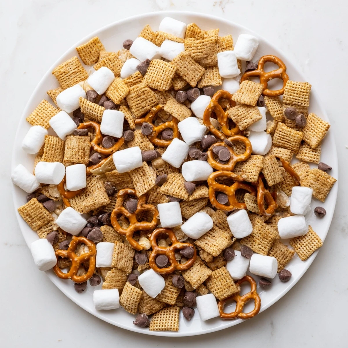 Golden graham cereal, mini marshmallows, and pretzels mixed with milk chocolate in this easy s'mores snack mix