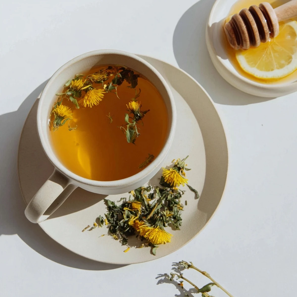 Steaming cup of dandelion tea with fresh petals and lemon slice on wooden table