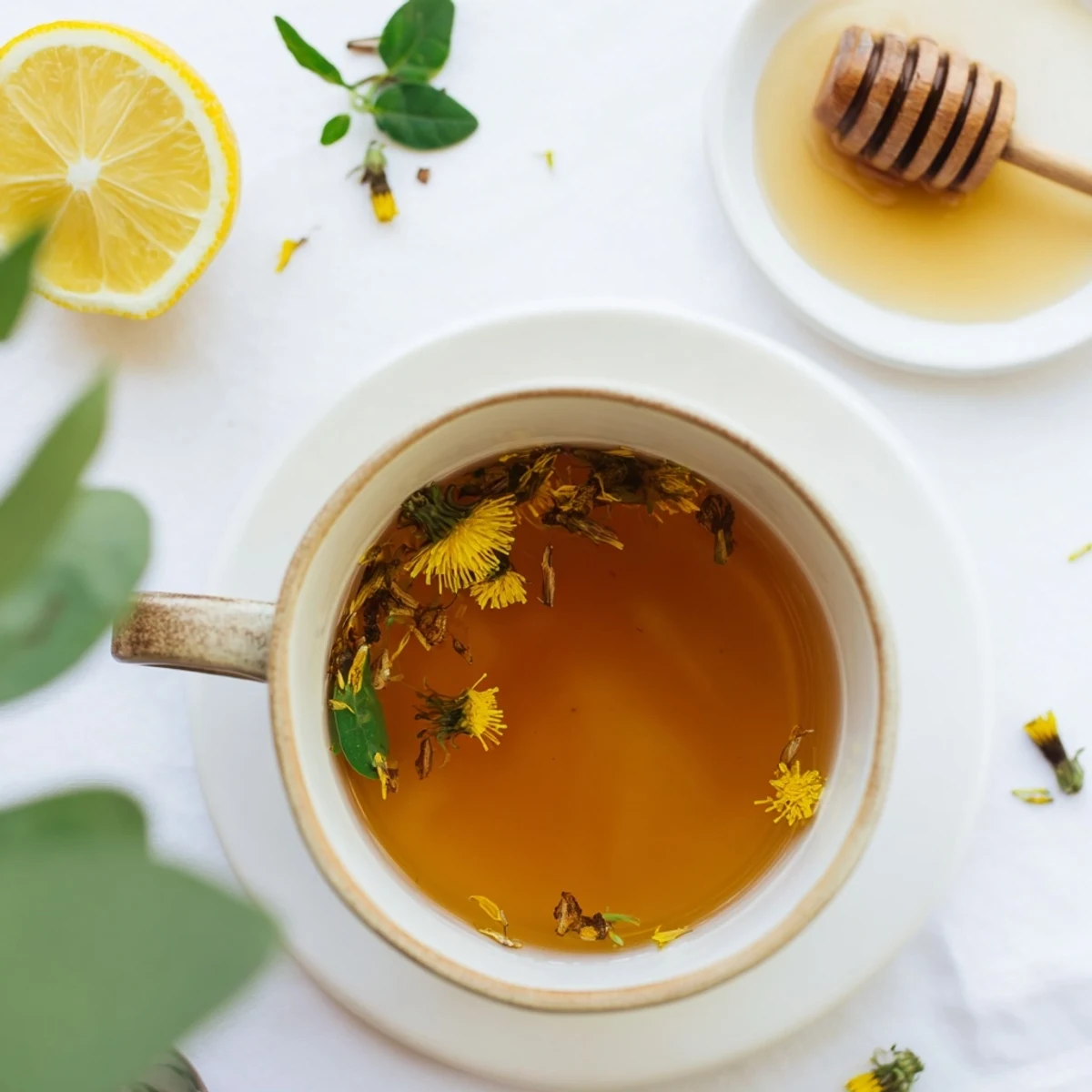 Warm dandelion tea infusion garnished with honey drizzle and bright lemon wedge