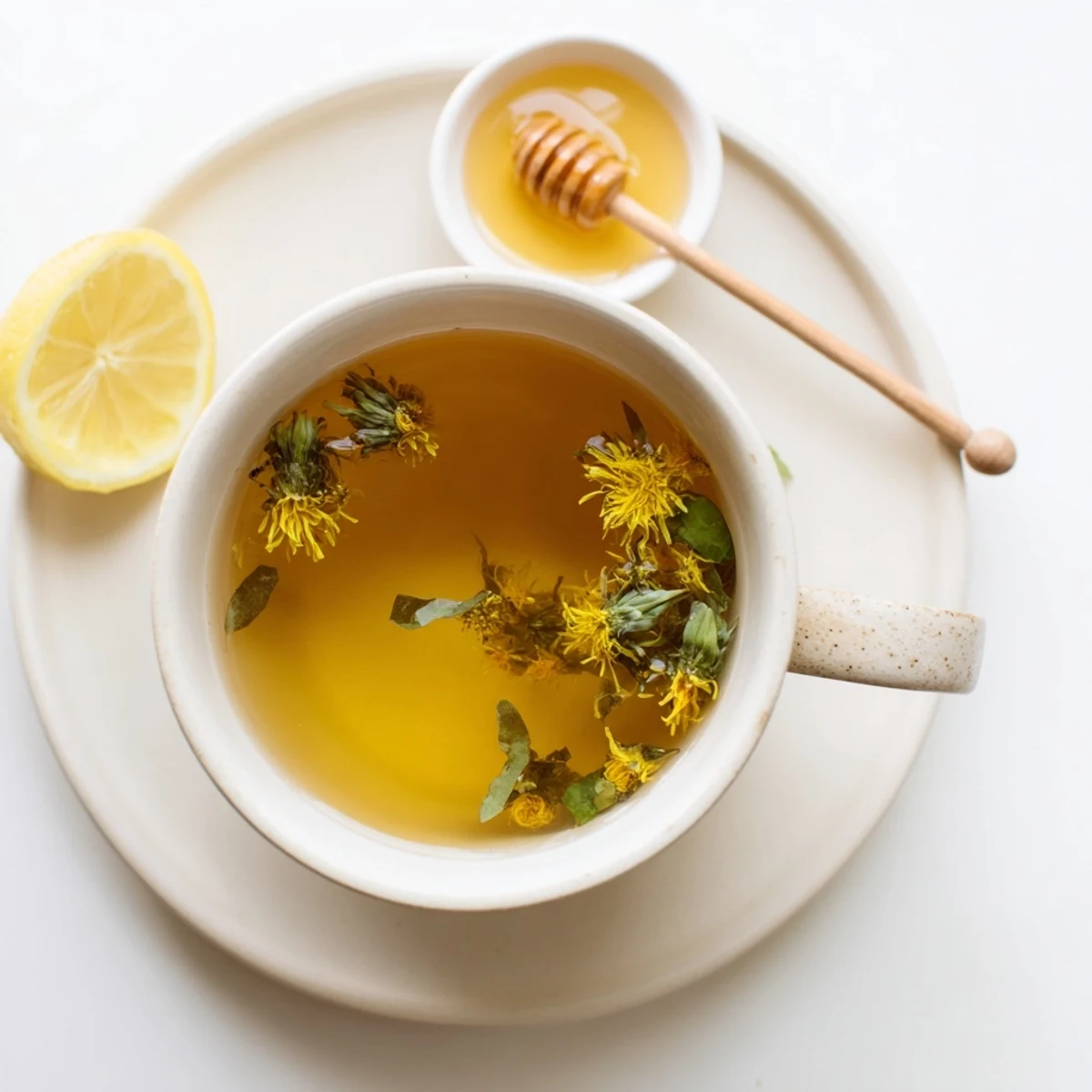 Golden herbal dandelion tea poured into white mug alongside fresh washed greens