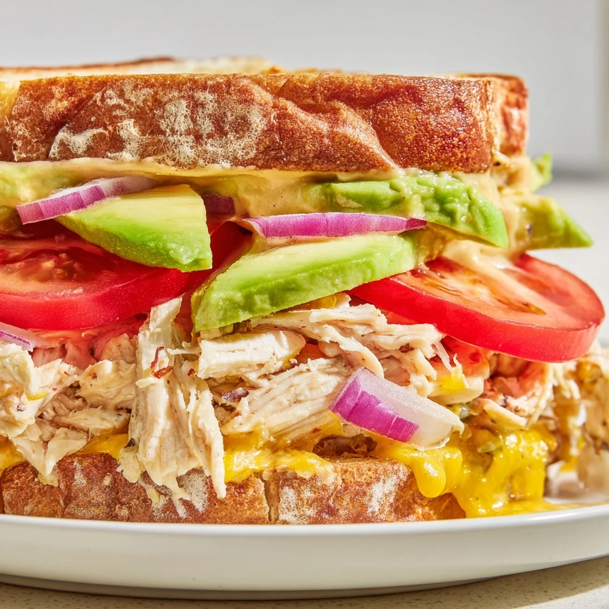 Golden brown chicken avocado melt sandwich with melted cheese and sliced tomato on toasted sourdough bread