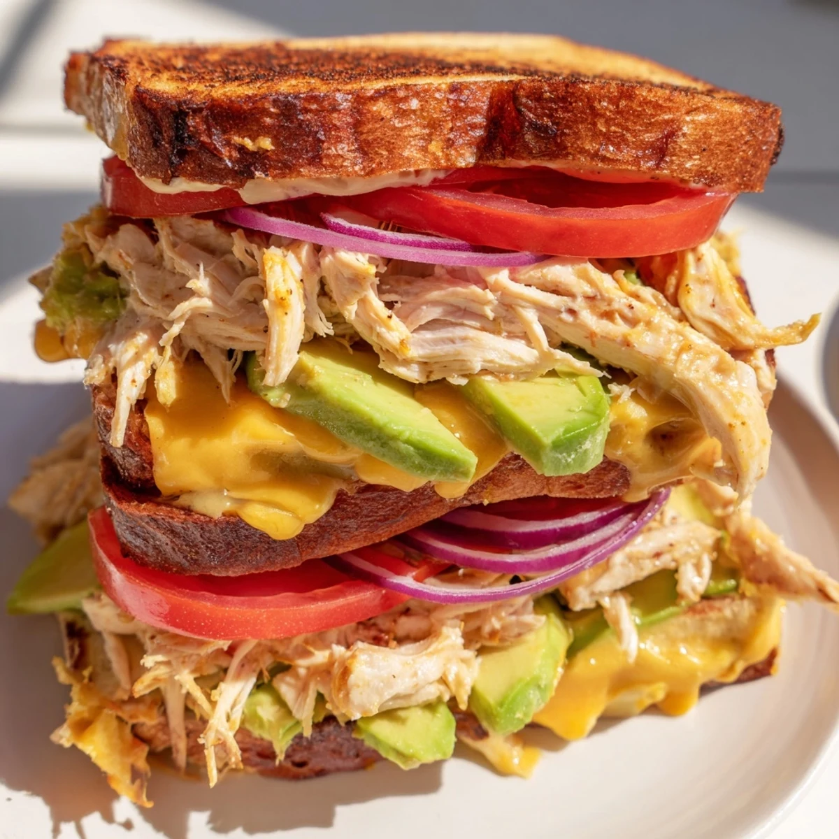 Close-up of crispy chicken avocado melt sandwich with gooey melted cheese dripping from buttery toasted bread