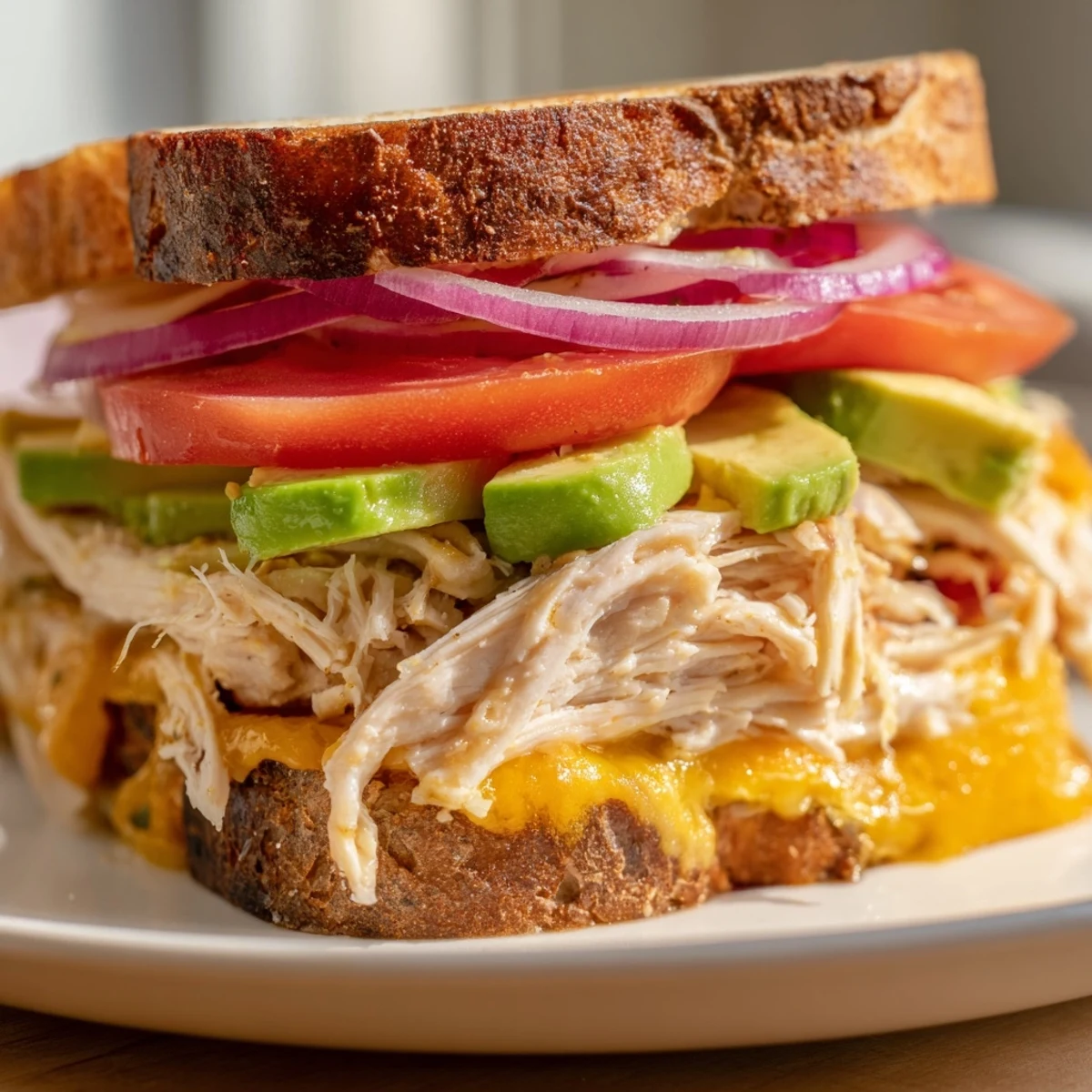 Warm chicken avocado melt sandwich cut diagonally revealing layers of creamy avocado and melted cheddar cheese