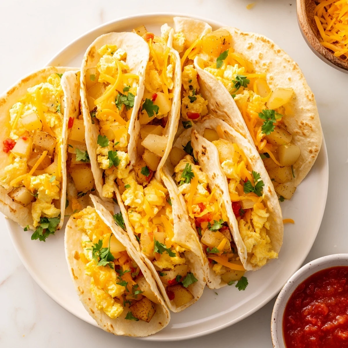 Golden potato egg cheese breakfast tacos filled with fluffy scrambled eggs and melted cheddar