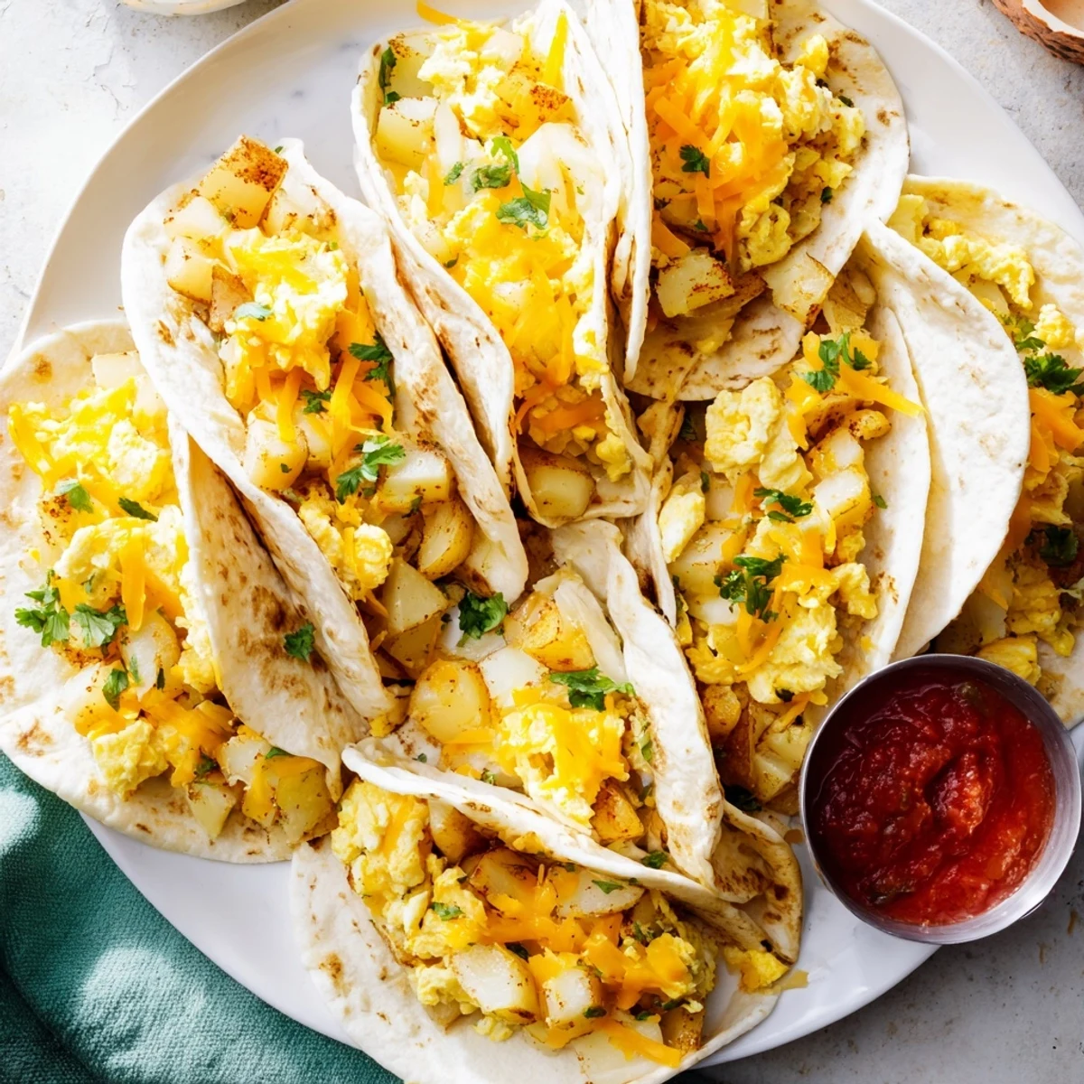 Warm flour tortillas stuffed with crispy potatoes, eggs, and cheese for a hearty Tex-Mex breakfast