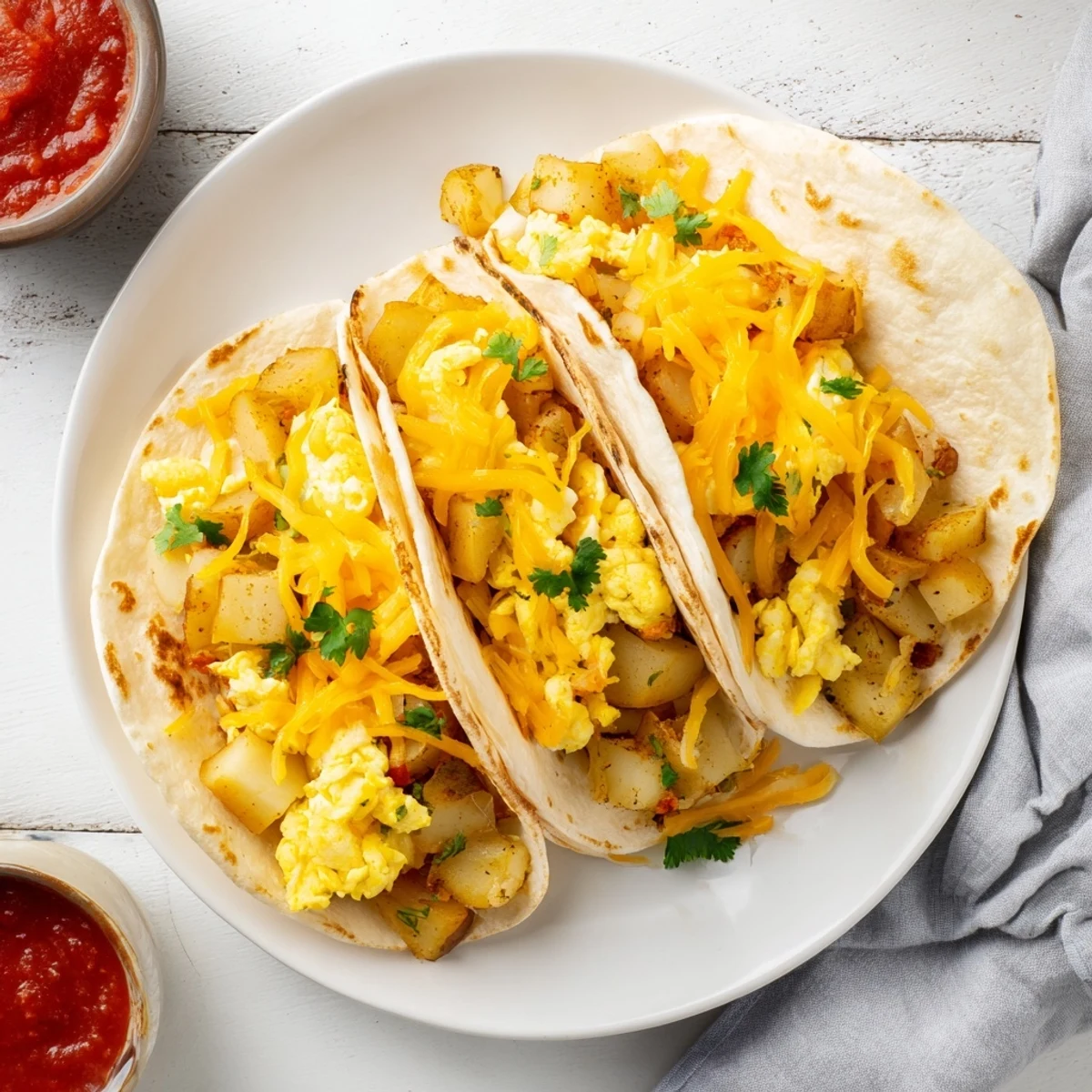 Plate of potato egg cheese breakfast tacos topped with fresh cilantro and served with salsa