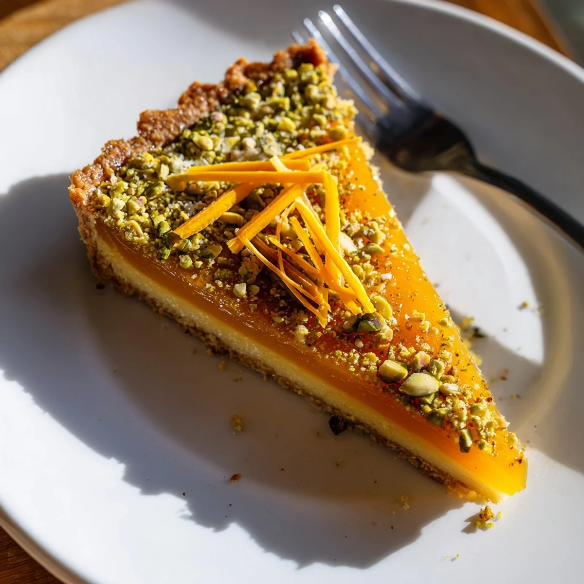 Golden orange cardamom tart slice on white plate with chopped pistachio garnish