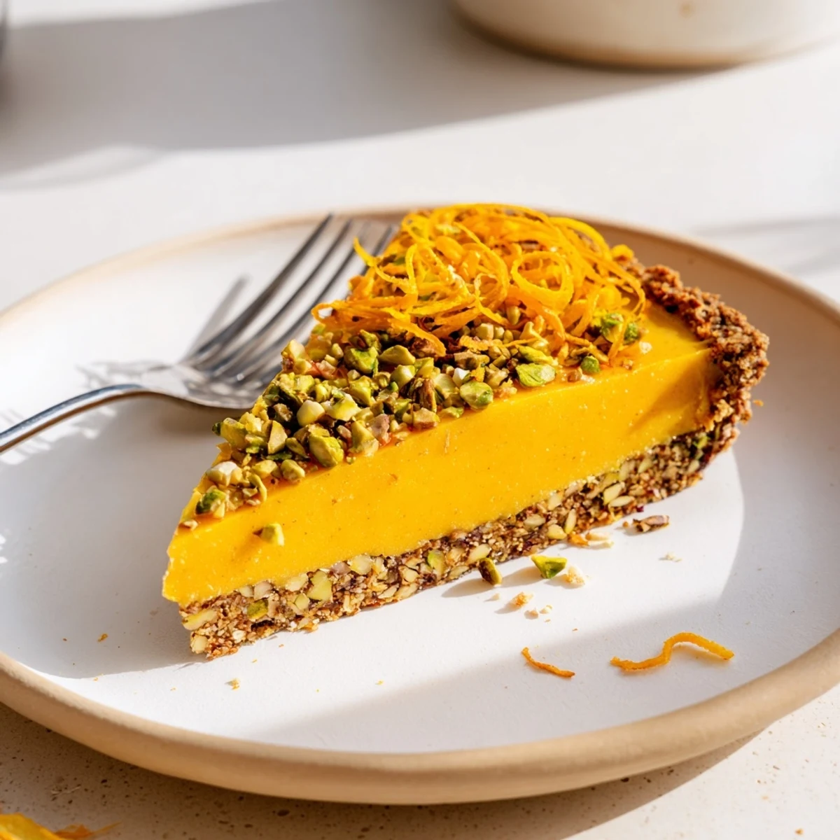 Whole pistachio crust tart filled with creamy orange cardamom custard on wooden board