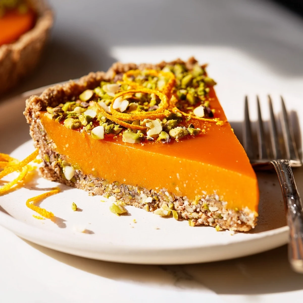 Elegant orange cardamom dessert tart with green pistachio crust and citrus zest topping