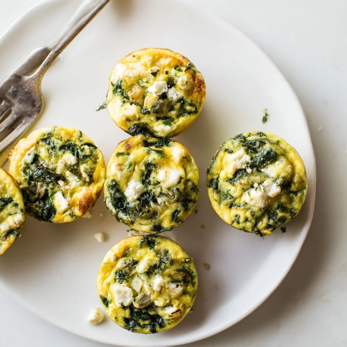 Golden baked egg muffins with spinach and feta cooling in a muffin tin