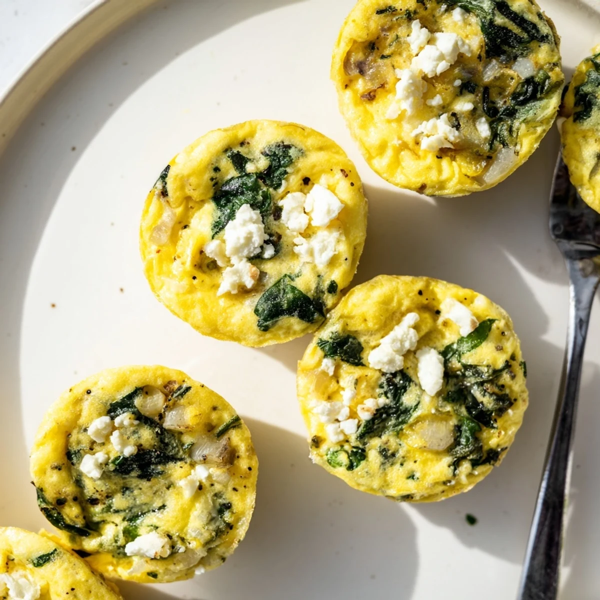 Savory egg muffins with spinach and feta arranged on a wooden serving board