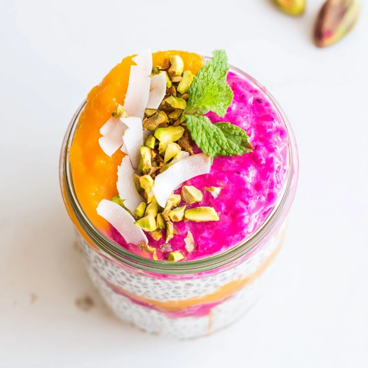 Glass jar layered with creamy mango and dragon fruit chia pudding topped with fresh mint