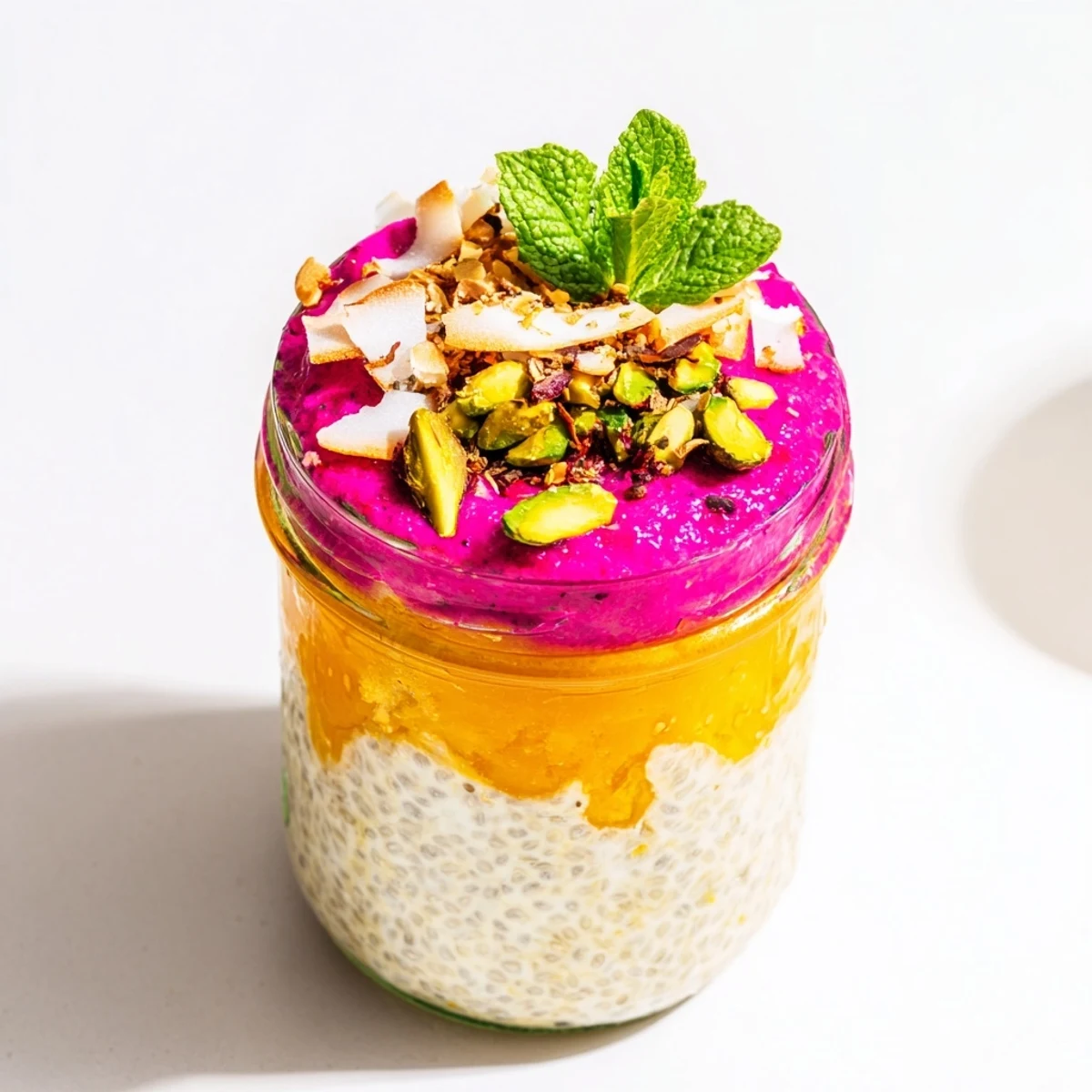 Parfait glass showing stacked layers of white chia pudding, golden mango, and bright dragon fruit puree