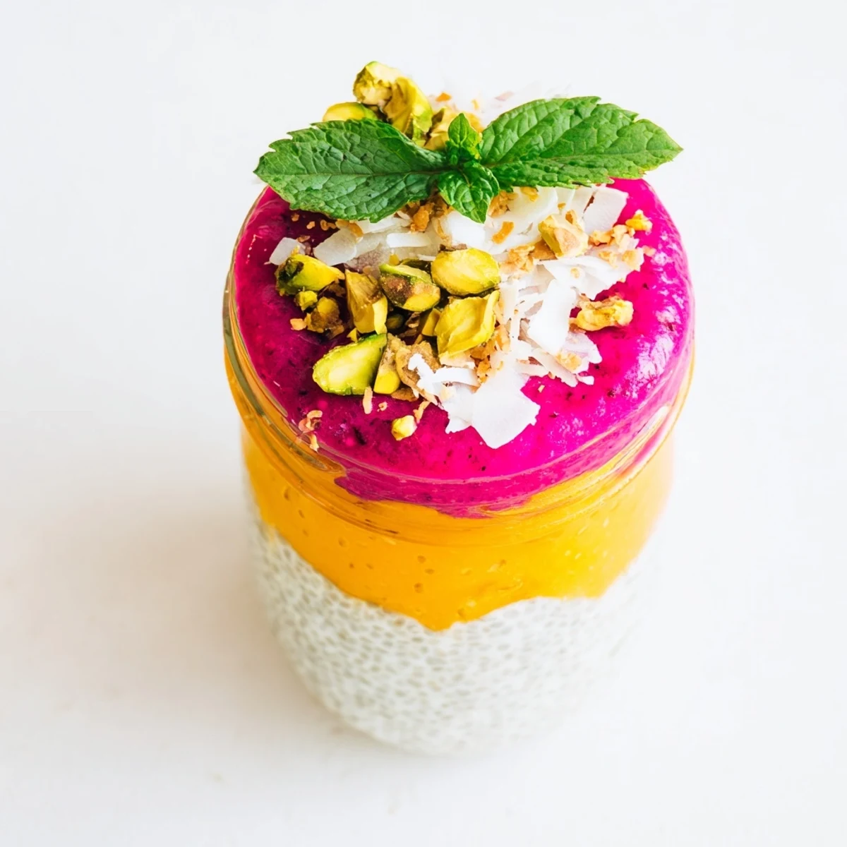 Tropical breakfast bowl featuring coconut chia pudding swirled with vibrant mango and pink dragon fruit