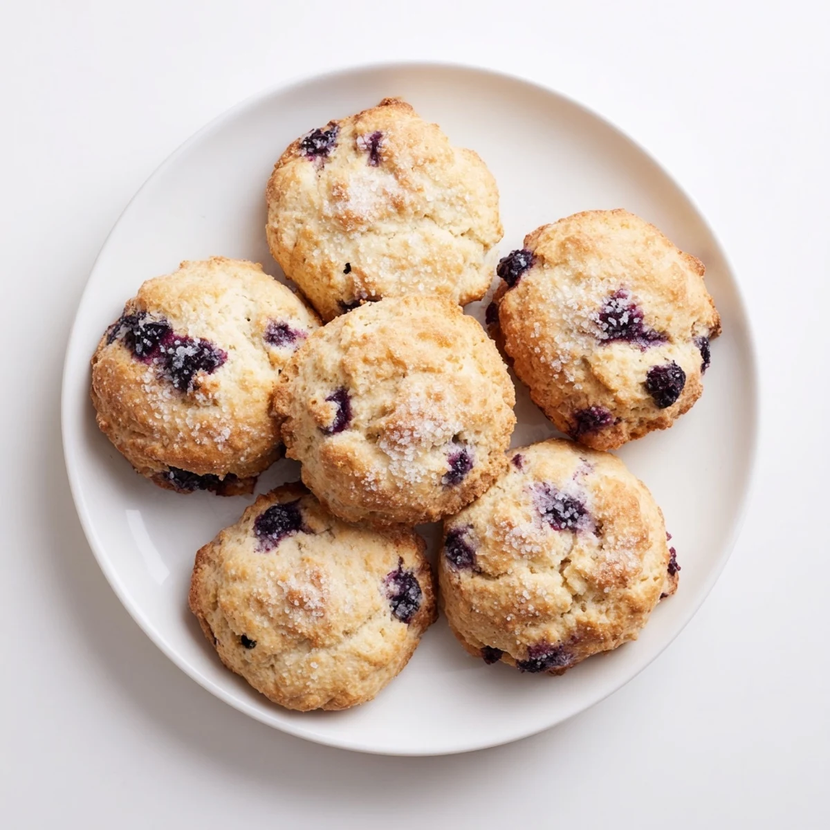 Flaky buttery blueberry biscuits served warm on a wooden board with melted honey drizzle