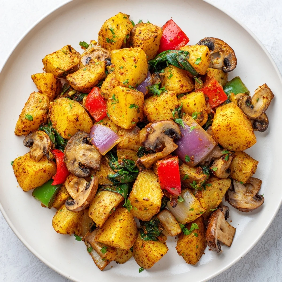 Golden crispy vegan breakfast hash with colorful bell peppers, mushrooms, and wilted spinach garnished with fresh herbs