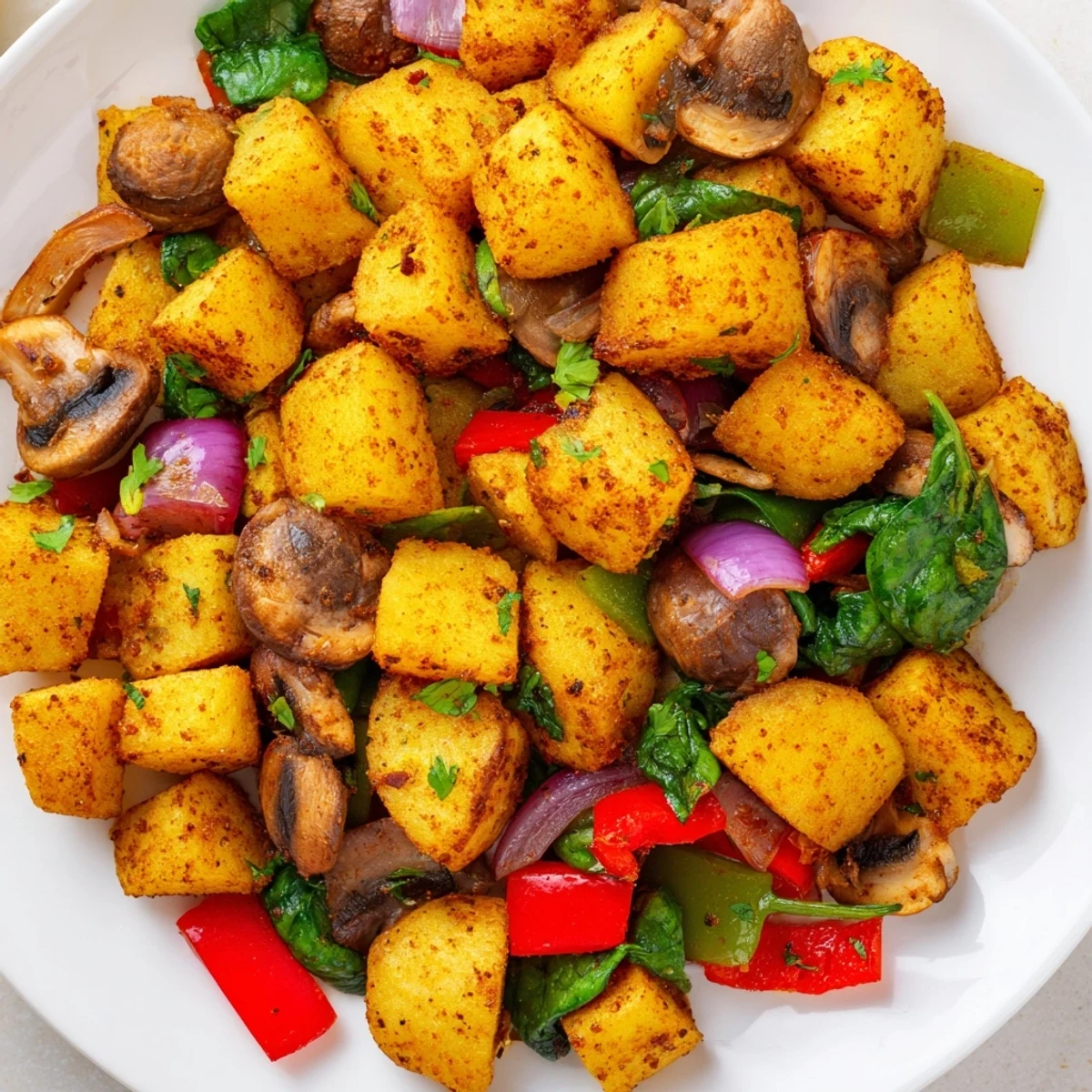 Hearty skillet of flavorful vegan breakfast hash loaded with diced potatoes and sautéed vegetables in spices