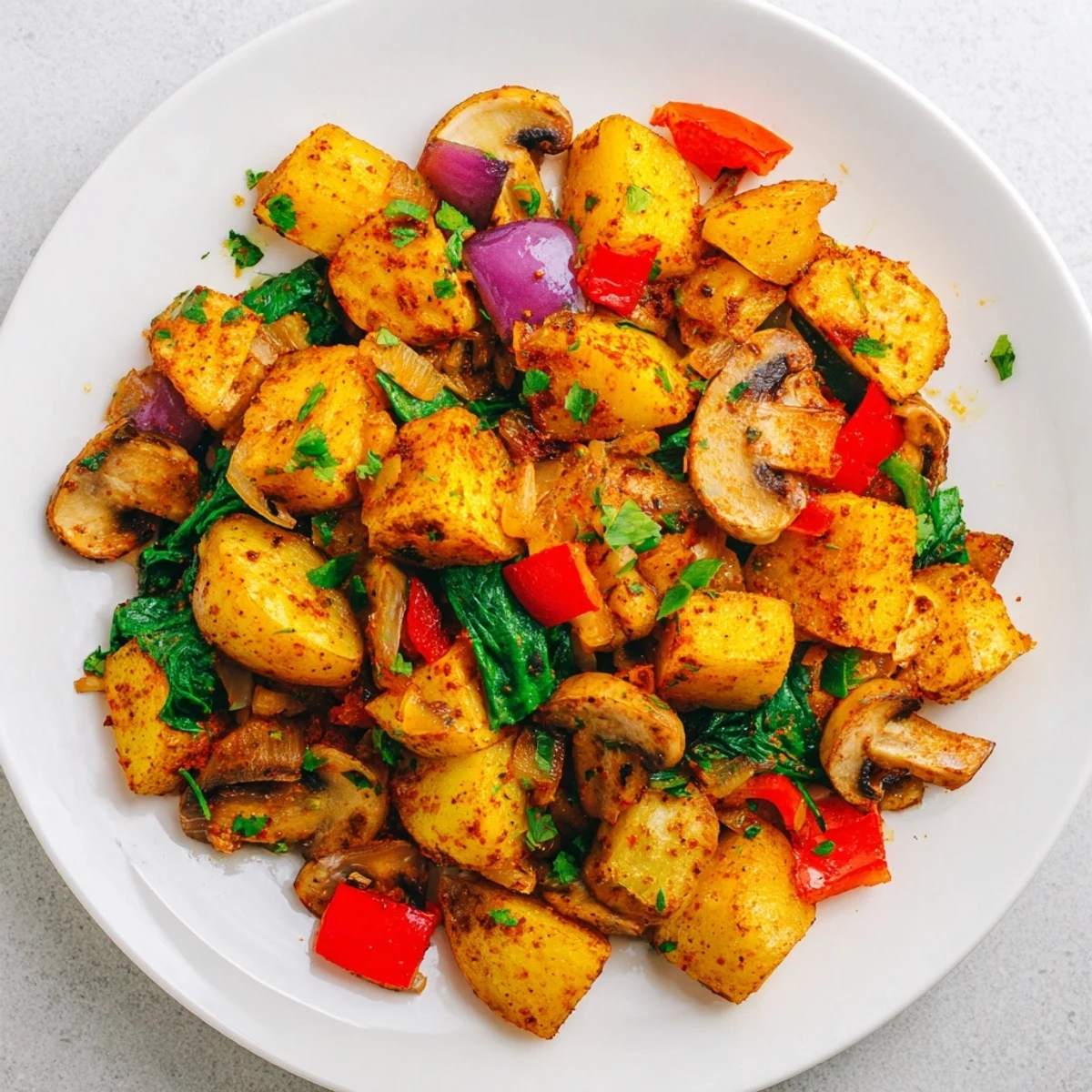 Sizzling vegan breakfast hash in a cast iron pan featuring crispy potatoes, red onion, and vibrant peppers
