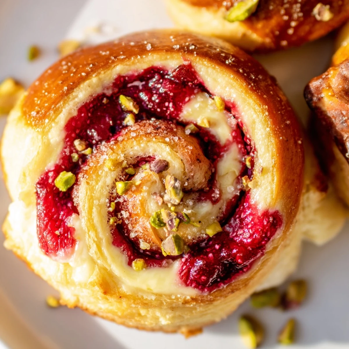 Soft pillowy raspberry and rose cheesecake buns topped with pistachios on a rustic wooden board