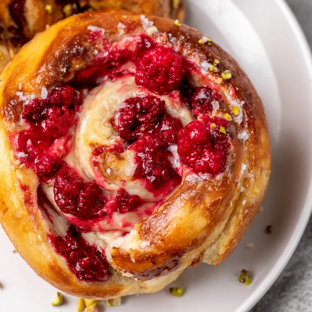 Golden raspberry and rose cheesecake buns with creamy filling and fresh raspberry swirls
