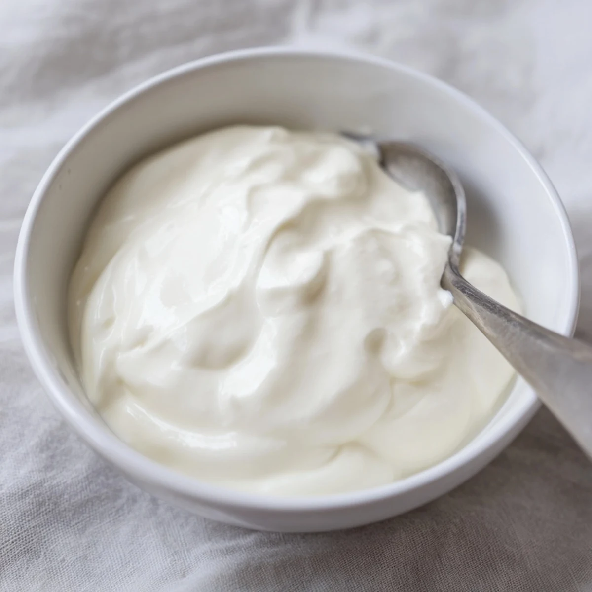 Glass jar filled with smooth Greek yogurt garnished with walnuts and a honey dipping stick