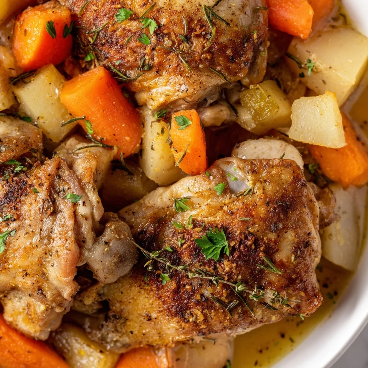 Tender slow cooker chicken dinner with carrots, potatoes, and savory herb sauce