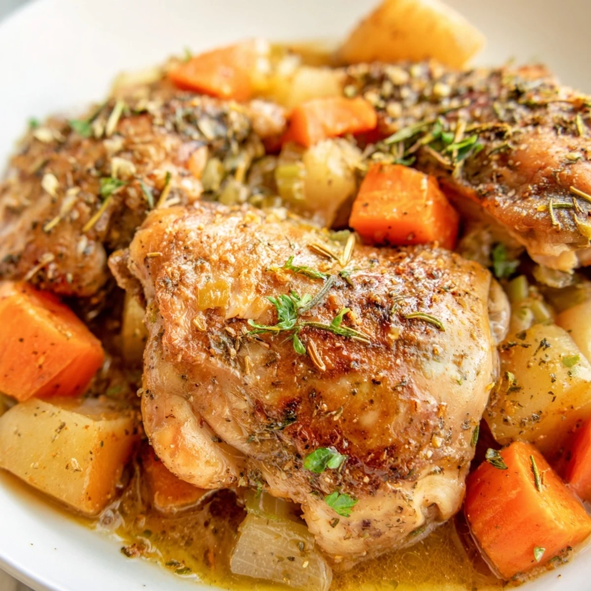 Succulent slow cooker chicken dinner served over tender vegetables in rich broth