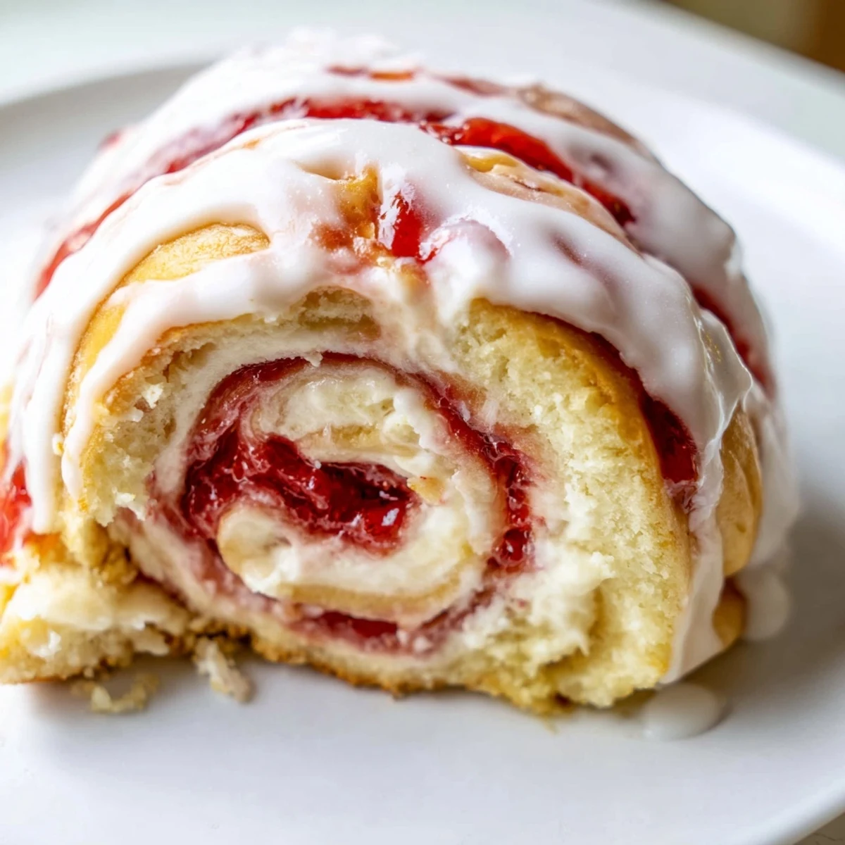 Golden Strawberry Shortcake Cheesecake Rolls drizzled with sweet vanilla glaze on a white plate