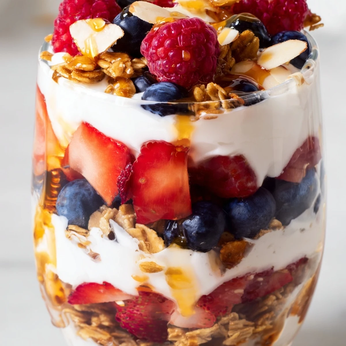 Creamy Greek Yogurt Parfait layered with fresh berries and golden granola in a glass