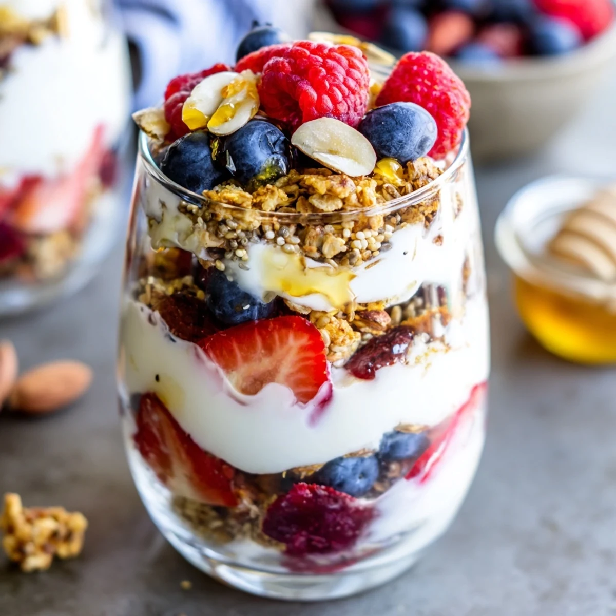 Greek Yogurt Parfait topped with crunchy granola, juicy berries, and sweet honey drizzle
