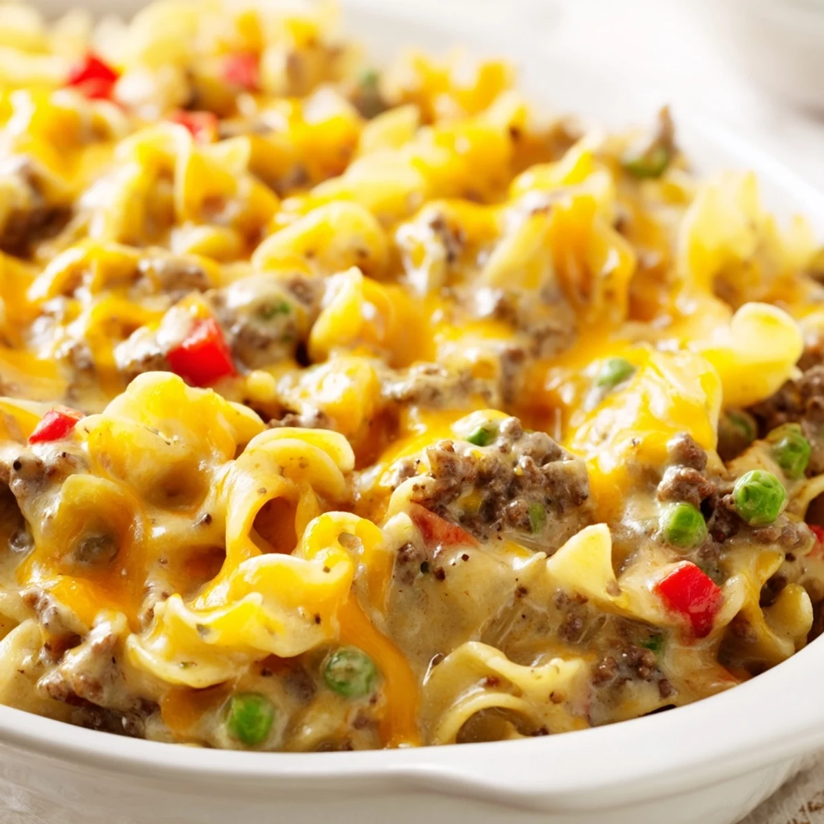 Golden bubbling cheesy beef and noodle casserole fresh from the oven with melted cheddar topping