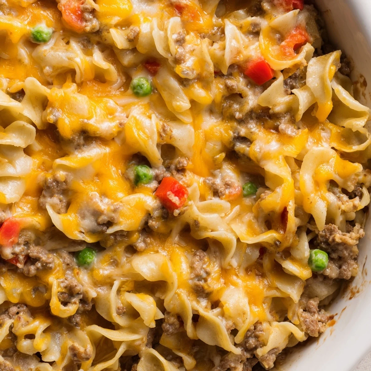 Creamy cheesy beef and noodle casserole with tender egg noodles in a savory beef sauce