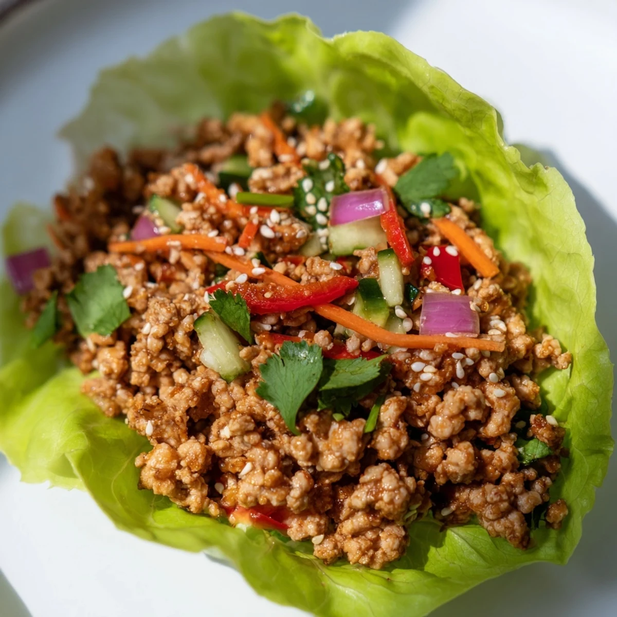 Seasoned ground turkey filling served in crisp romaine lettuce cups with fresh vegetables