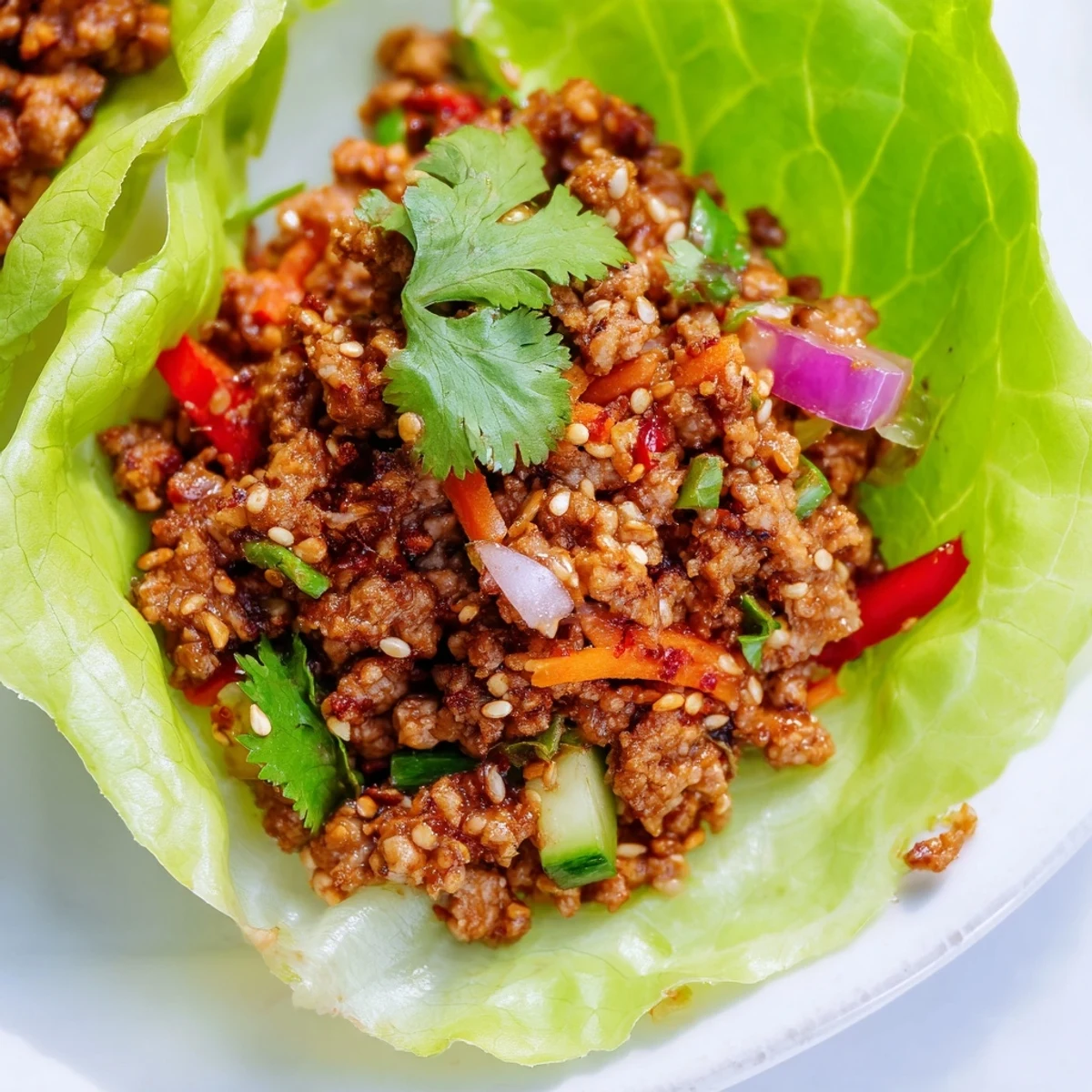 Healthy ground turkey lettuce wrap bowls topped with sesame seeds and cilantro