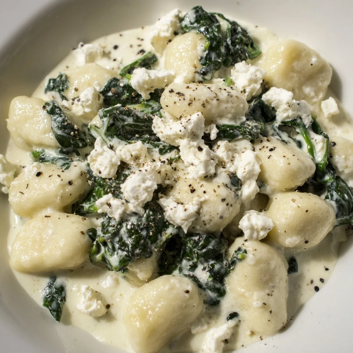 Creamy gnocchi with spinach and feta topped with crumbled cheese in white sauce