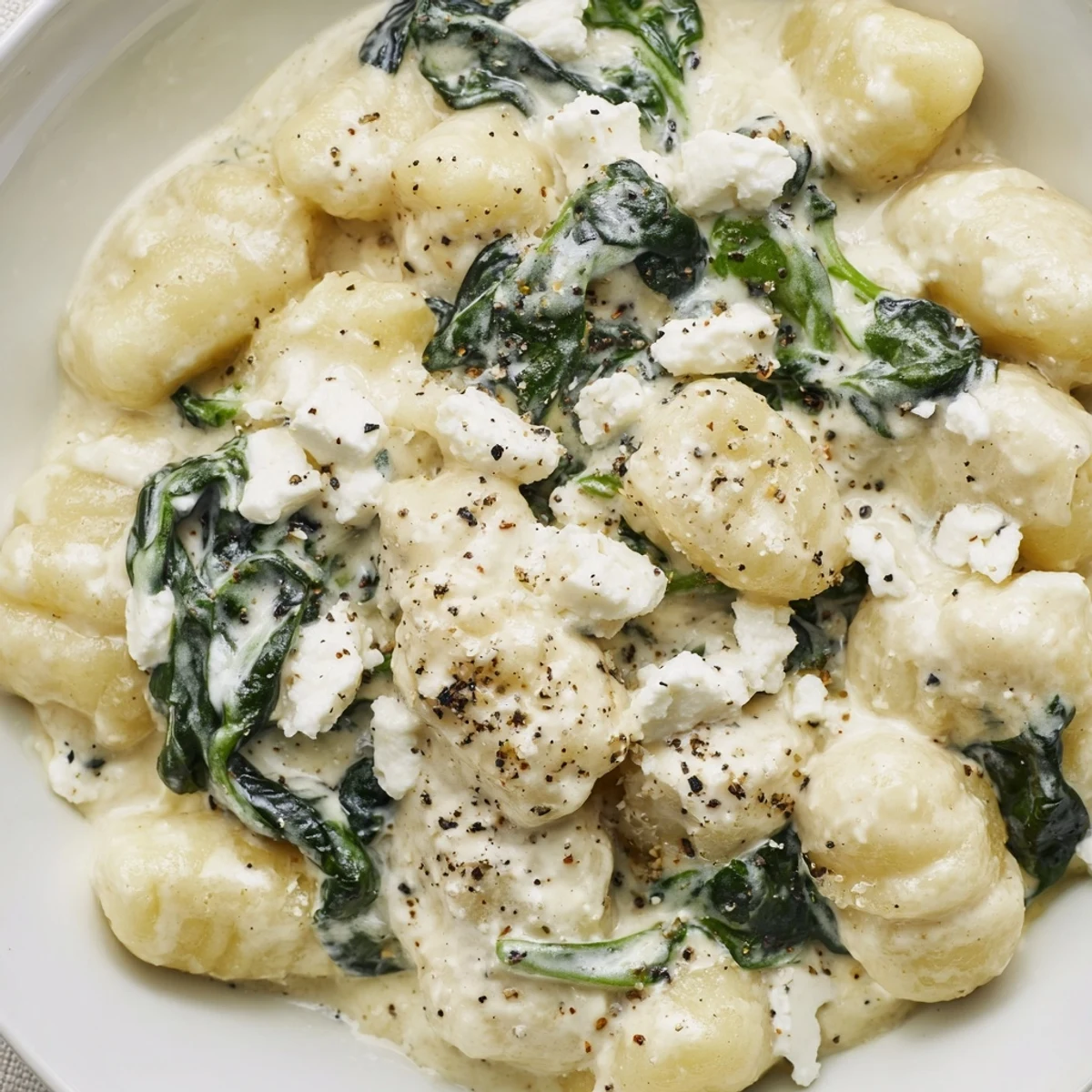 Tender potato gnocchi with spinach and feta glistening in rich cream sauce