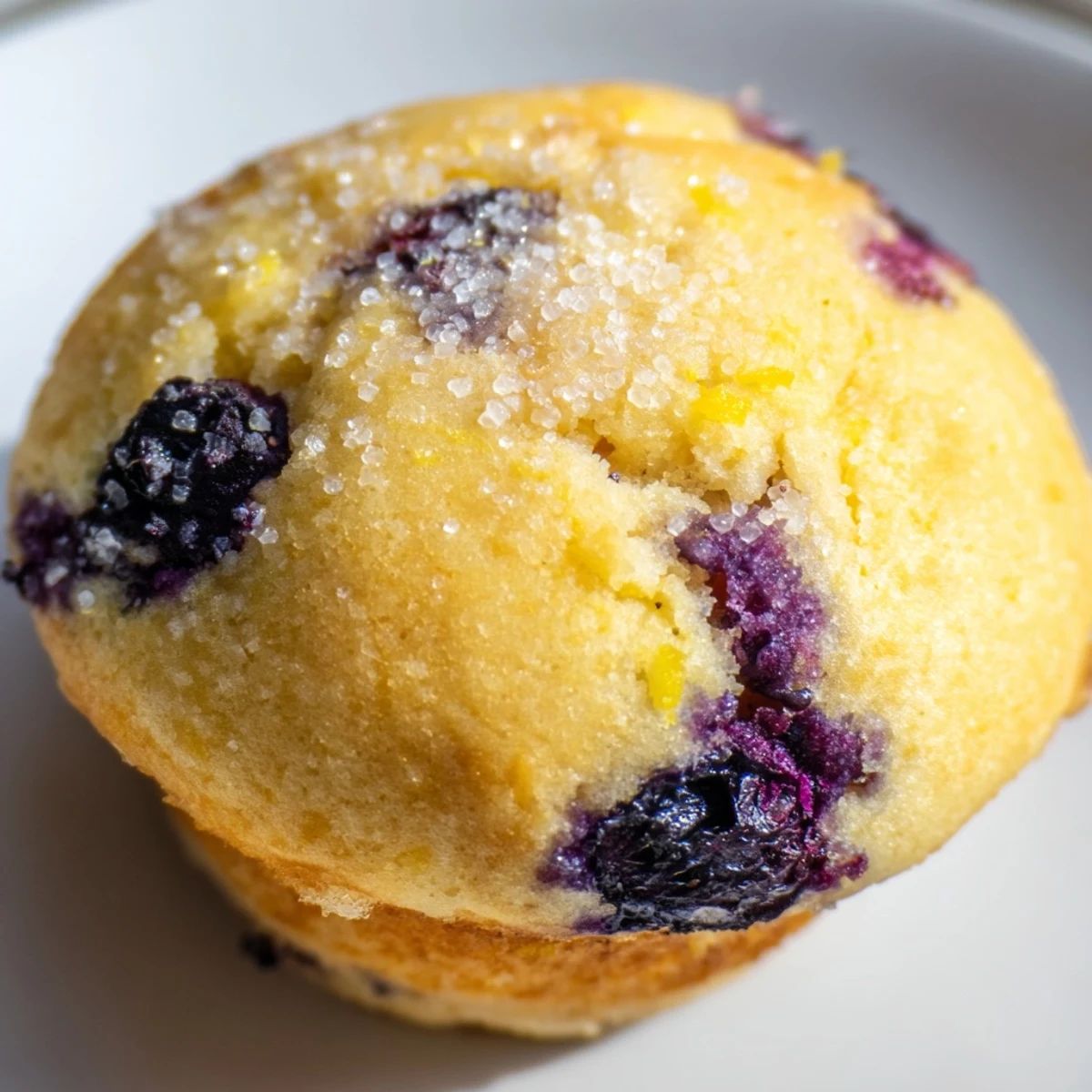 Golden Lemon Blueberry Muffins with sparkling sugar topping fresh from the oven