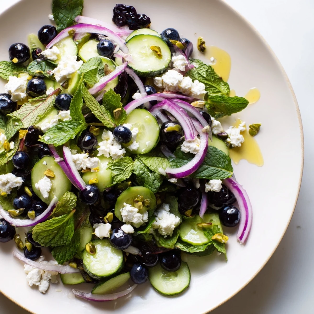 Fresh Blueberry Pistachio Spring Salad topped with crumbled feta on a white serving plate