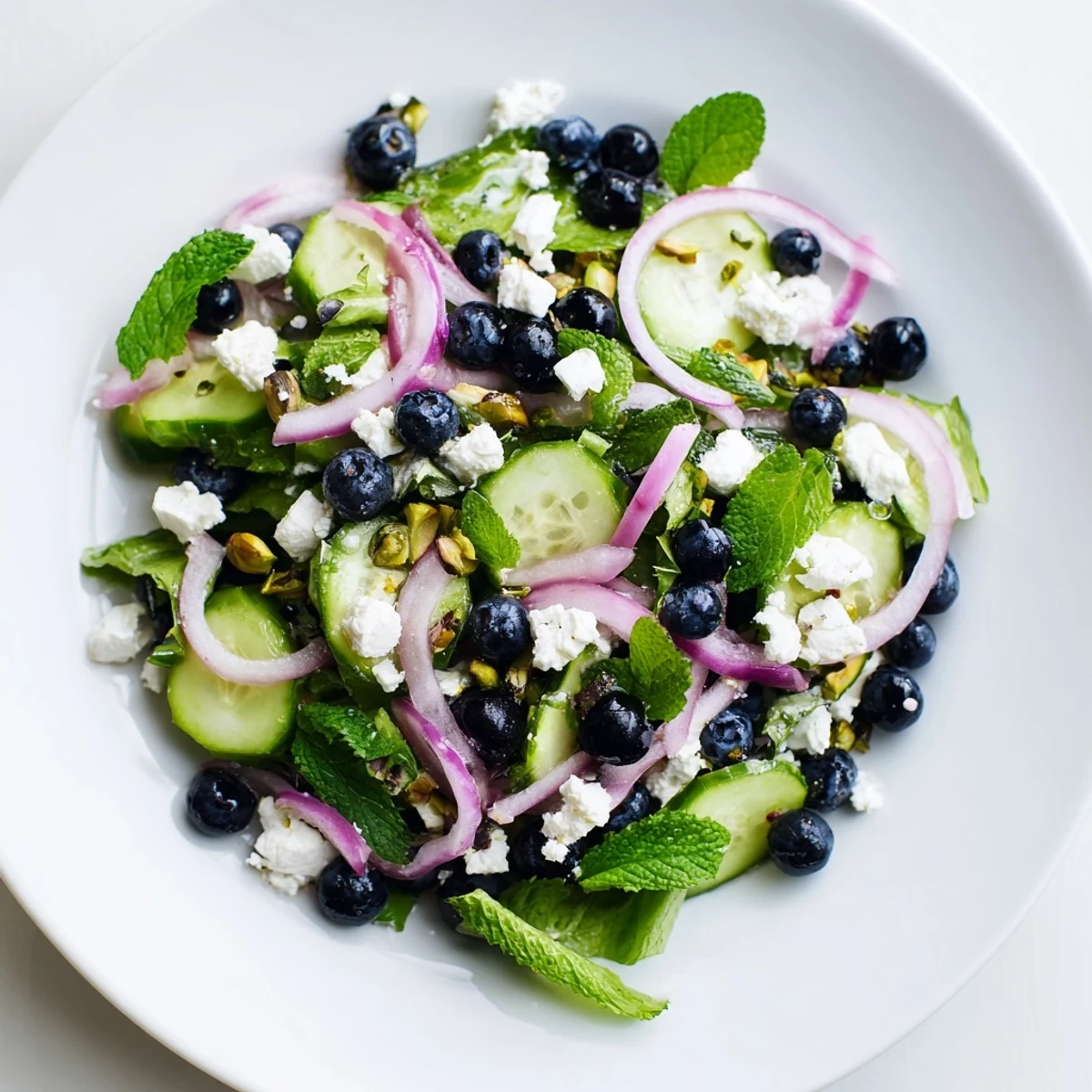 Bowl of Blueberry Pistachio Spring Salad drizzled with zesty lemon honey vinaigrette dressing