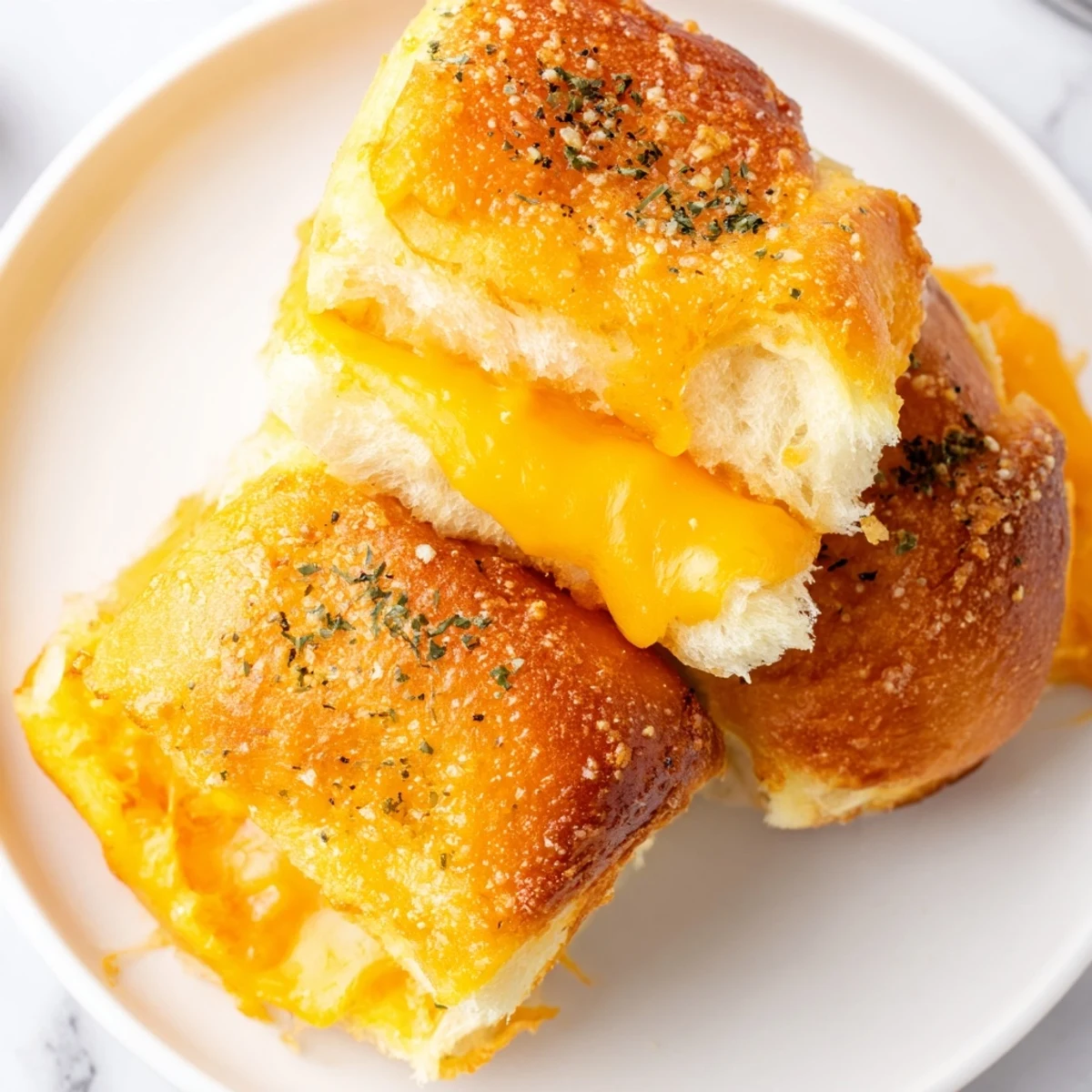 Golden mini grilled cheese Hawaiian rolls with melted cheddar oozing from buttery, toasted sweet bread