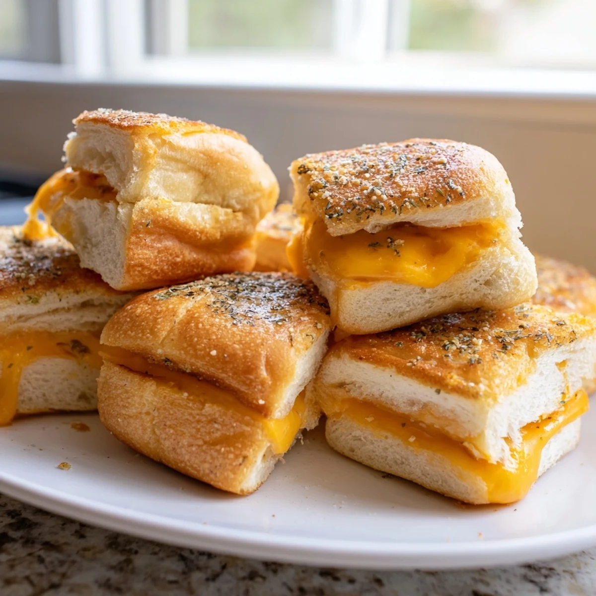 Bite-sized mini grilled cheese Hawaiian rolls arranged on a platter with crispy golden tops