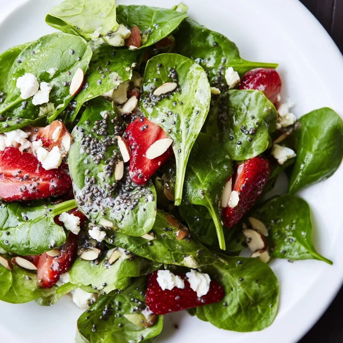 Fresh strawberry spinach salad topped with crumbled feta and toasted almonds in bowl