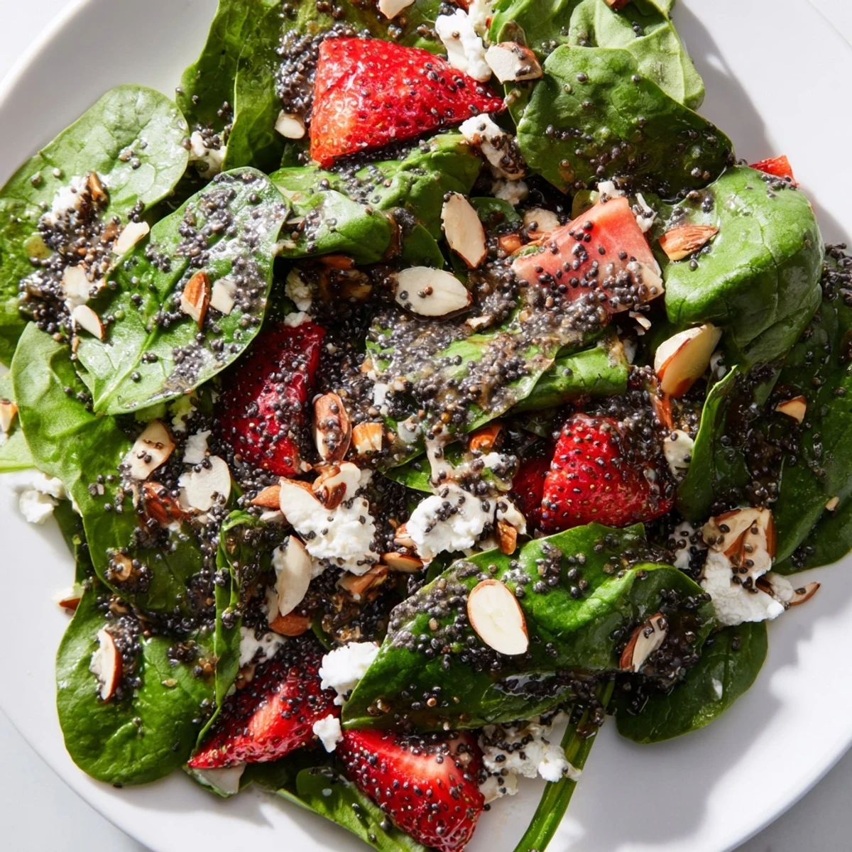 Bright strawberry spinach salad with glossy balsamic poppy seed dressing drizzled on top