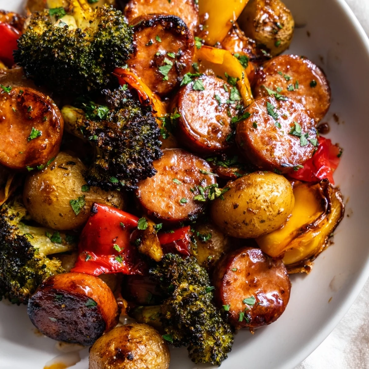Honey garlic kielbasa and vegetables roasted on a sheet pan with caramelized glaze