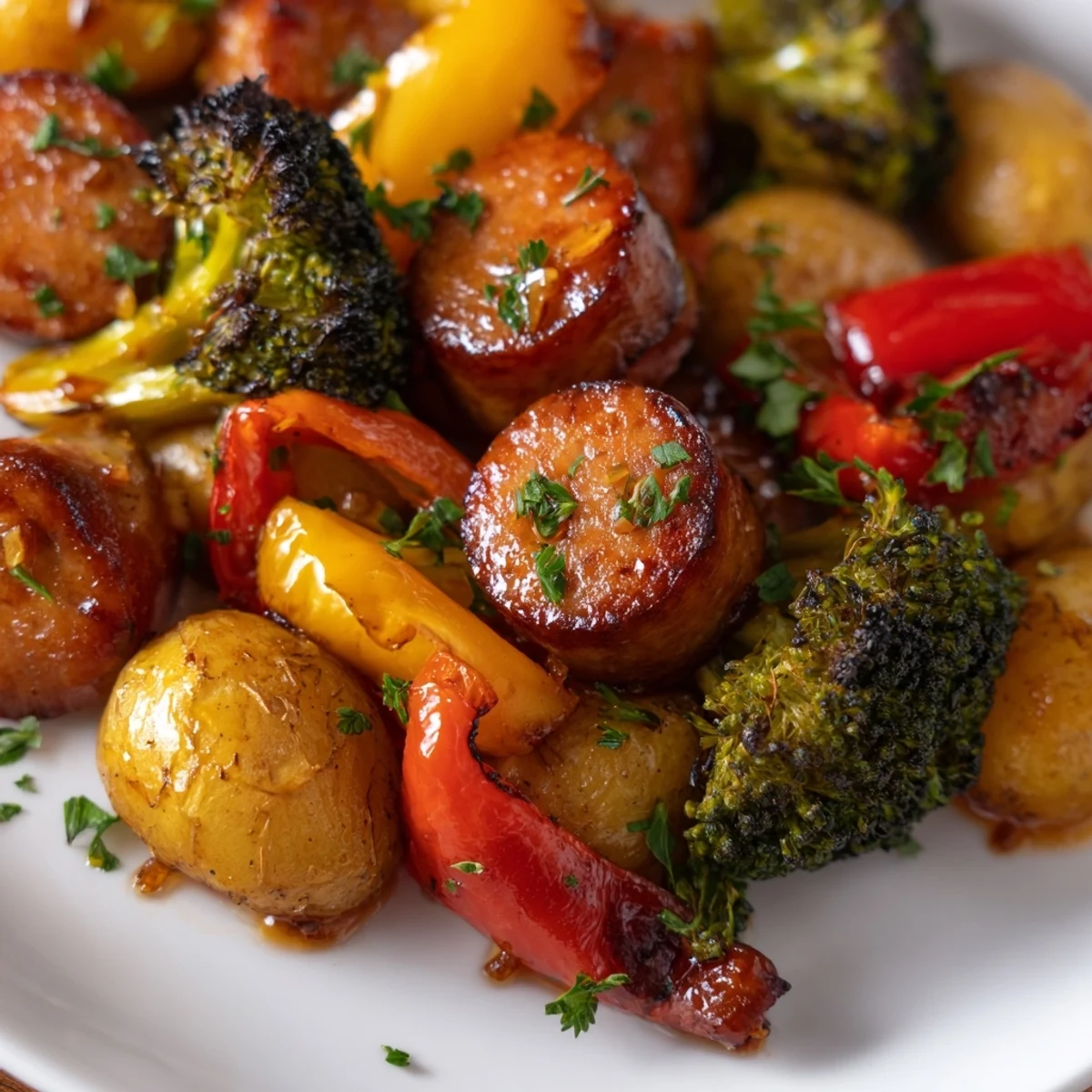 One pan honey garlic kielbasa veggies featuring colorful bell peppers and crispy potatoes