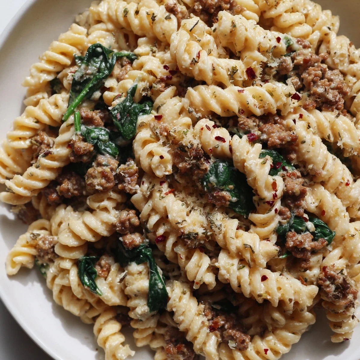 Creamy high protein beef pasta in a white bowl with parmesan and fresh herbs