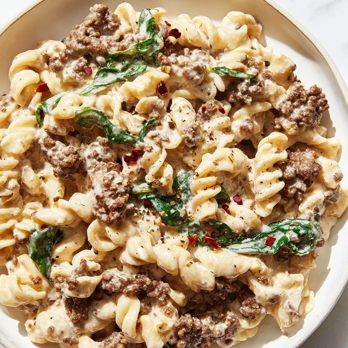 Tender ground beef and spinach tossed in creamy sauce coating high protein pasta