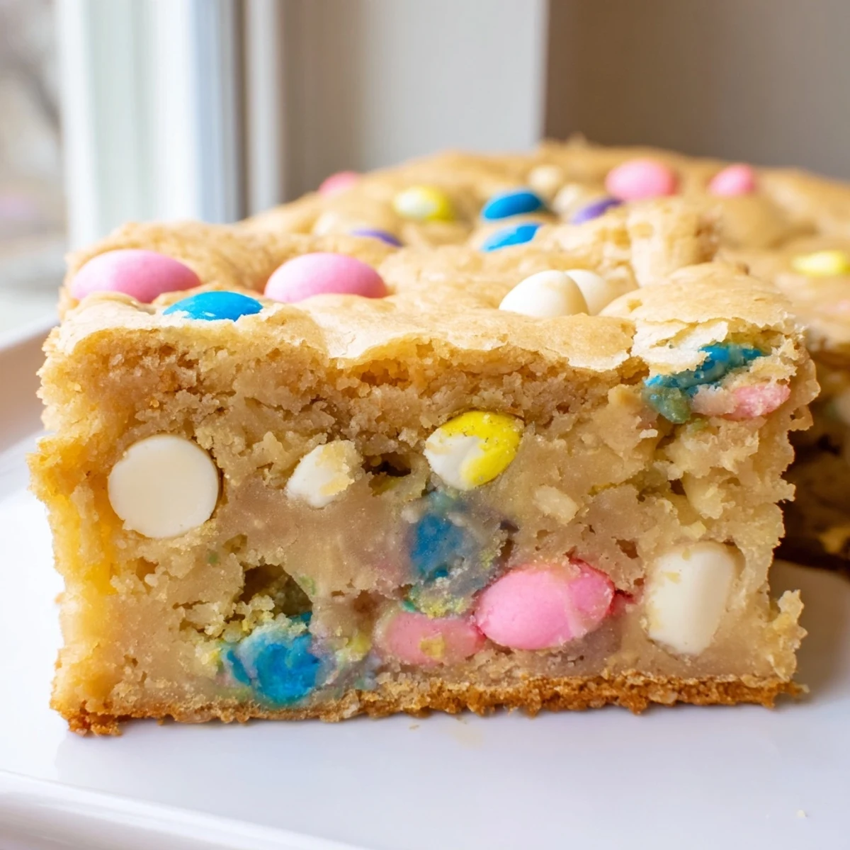 Chewy golden Mini Cadbury Easter Egg blondies studded with colorful candy pieces on a rustic cutting board