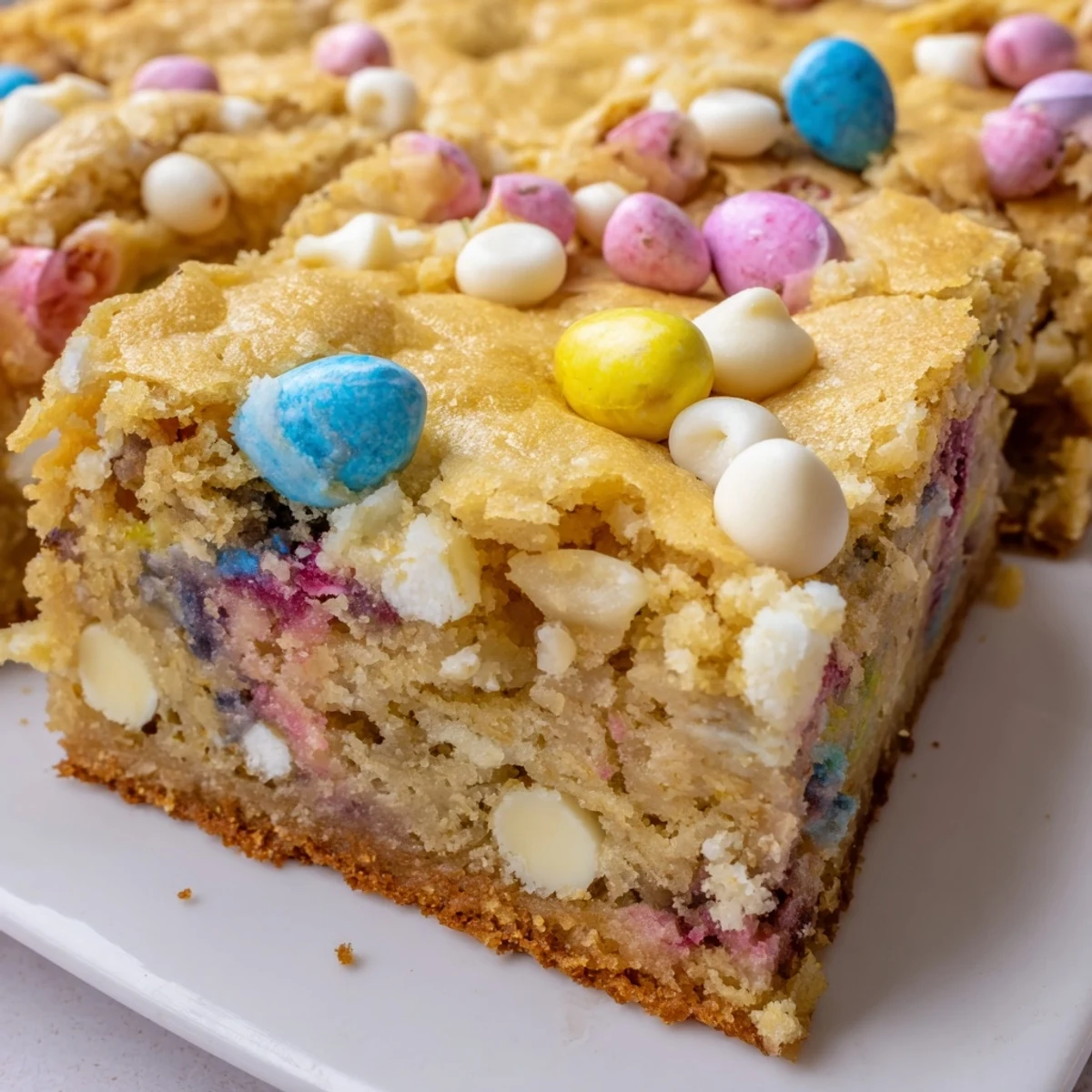 Pastel Mini Cadbury Easter Eggs nestled in soft, fudgy blondie squares with melted white chocolate swirls