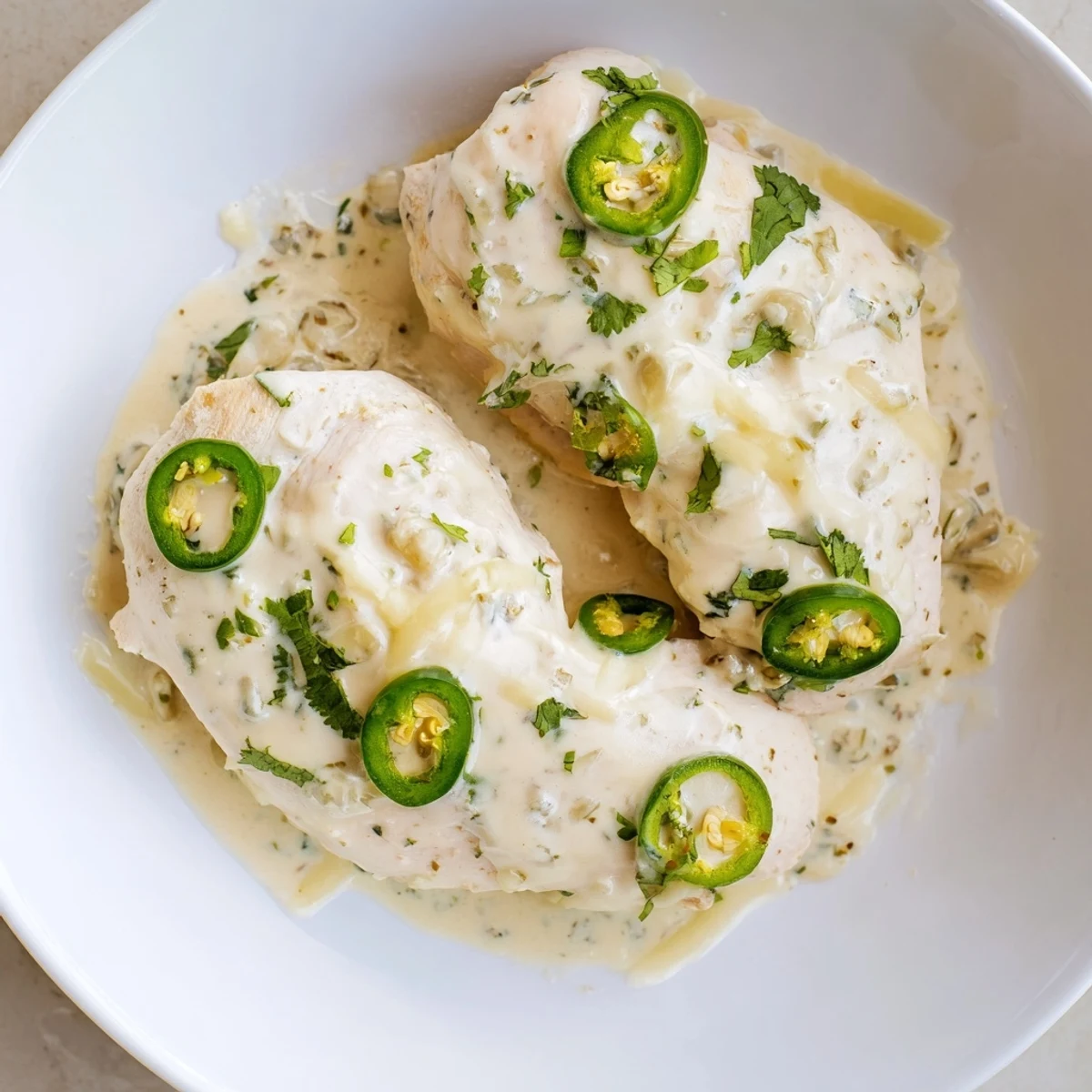 Golden jalapeno chicken breasts smothered in creamy melted cheese sauce with sliced peppers